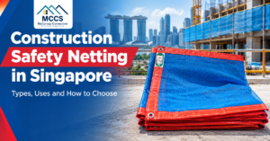 Construction safety mesh netting covering a scaffold on a Singapore building site