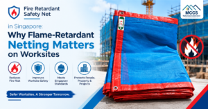 Fire retardant safety net installed around scaffolding on a construction site