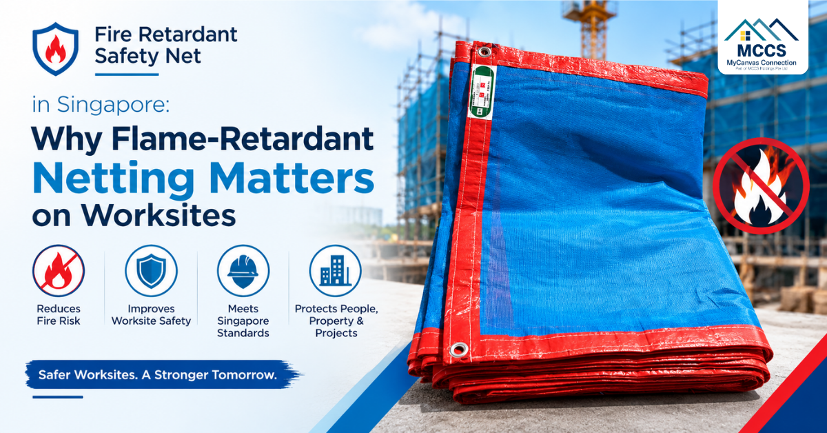Fire retardant safety net installed around scaffolding on a construction site