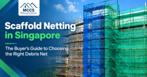 Green scaffold netting installed on a building facade in Singapore