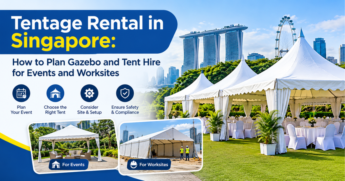 White event tents and gazebos set up for an outdoor function in Singapore
